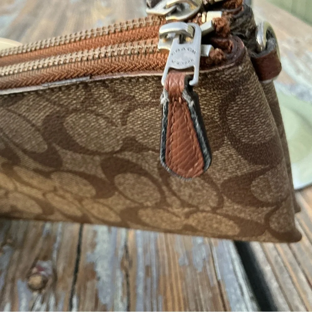 Coach Brown Signature Coated Canvas Double Corner Zip Wallet Wristlet/Purse
